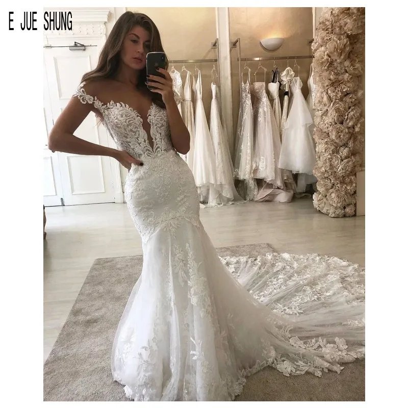 

E JUE SHUNG Mermaid Luxury Wedding Dresses Cap Sleeves Lace Appliques Bridal Gowns Long Train Robe De Mariee