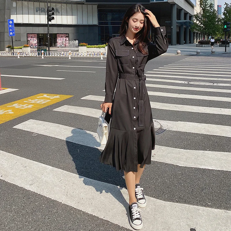

Spring Autumn Denim Dress Women Fashion Turn-down Collar Long Sleeve Ruffles Midi Dresses Woman Slim Single-breasted Jeans Dress