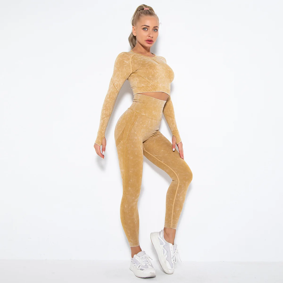 Yoga Suit Seamless Set Women 2 Piece Gym Sportwear Booty Scrunch Sport Leggings And Top Long Sleeve Shirts High Elastic Workout | Спорт и