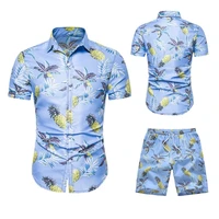 men pineapple printed short sleeve shirt and short set summer hawaiian beach 2 pieces set