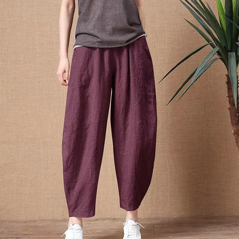 

Women's Cotton Linen Pants Elastic Waist Vintage Trousers Lady Loose Casual Pants Plus Size S-4xl Retro Literary Cotton Trousers