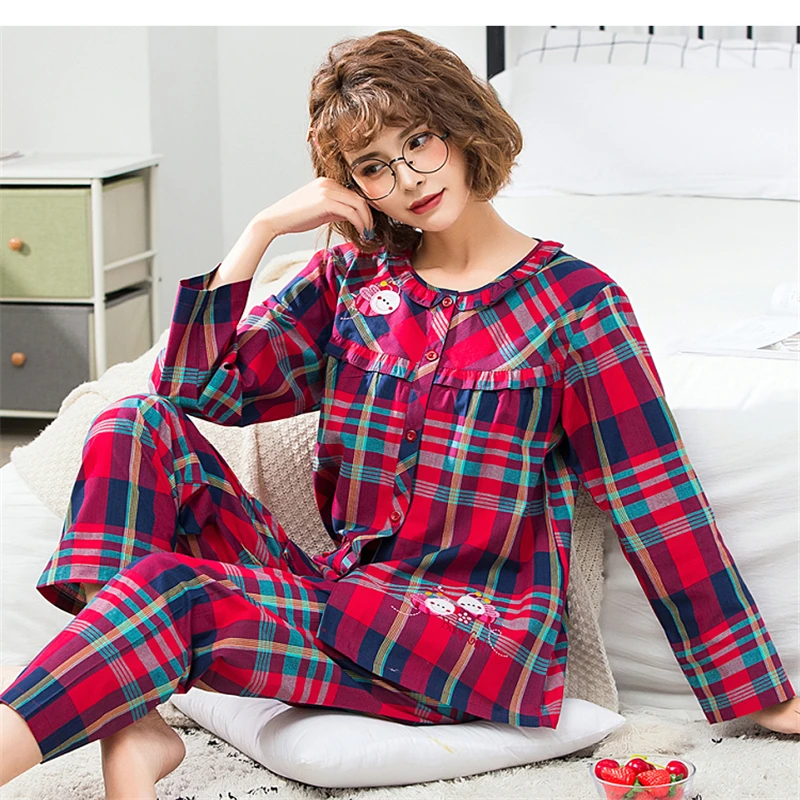 

pijamas women Casual home wear suit ladies cotton pajamas lattice trousers large size loose pajamas suit simple sexy nightgowns