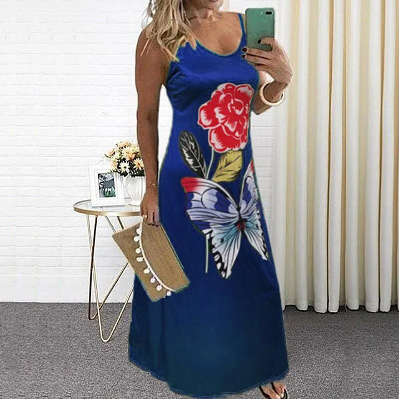 

2021 Summer Print Dress Casual Sexy Dresses Women Butterfly Flower Print Party V-neck Sleeveless Plus Size 5XL Maxi Dresses