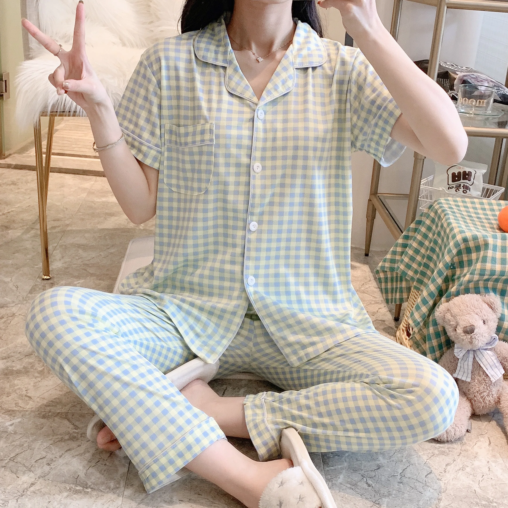 CAIYIER 2021 New Classic Plaid Pajamas Set Summer Women Nightwear  Short Sleeve Korea Minimalist Loose Sleepwear Homewear Suit