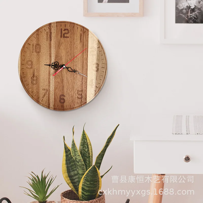 

Часы настенные из массива дерева, тихие простые китайские наручные часы из дерева акации, для гостиной, на заказ
