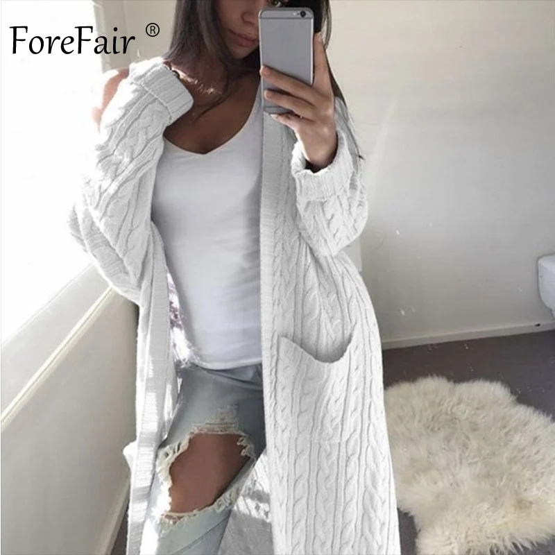 Forefair Повседневный вязаный длинный кардиган для женщин зима осень свитера вязанный черный белый однотонный кардиган размера плюс