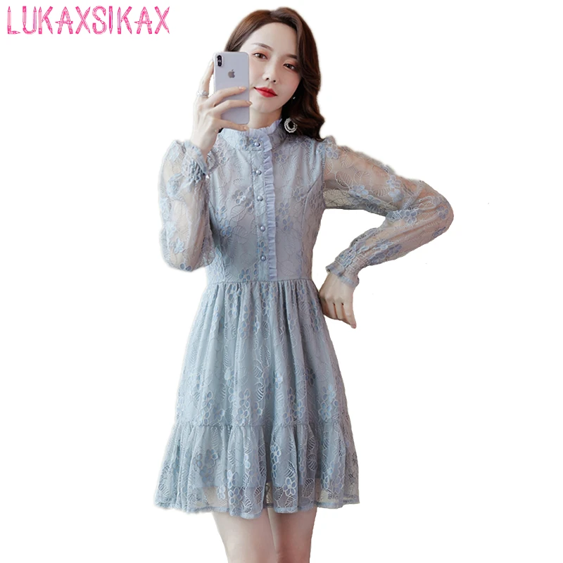 

2020 New Spring Autumn Women Long Sleeve Mini Dress High Quality Stand Collar Single-breasted Lace Dress Elegant Slim Dress
