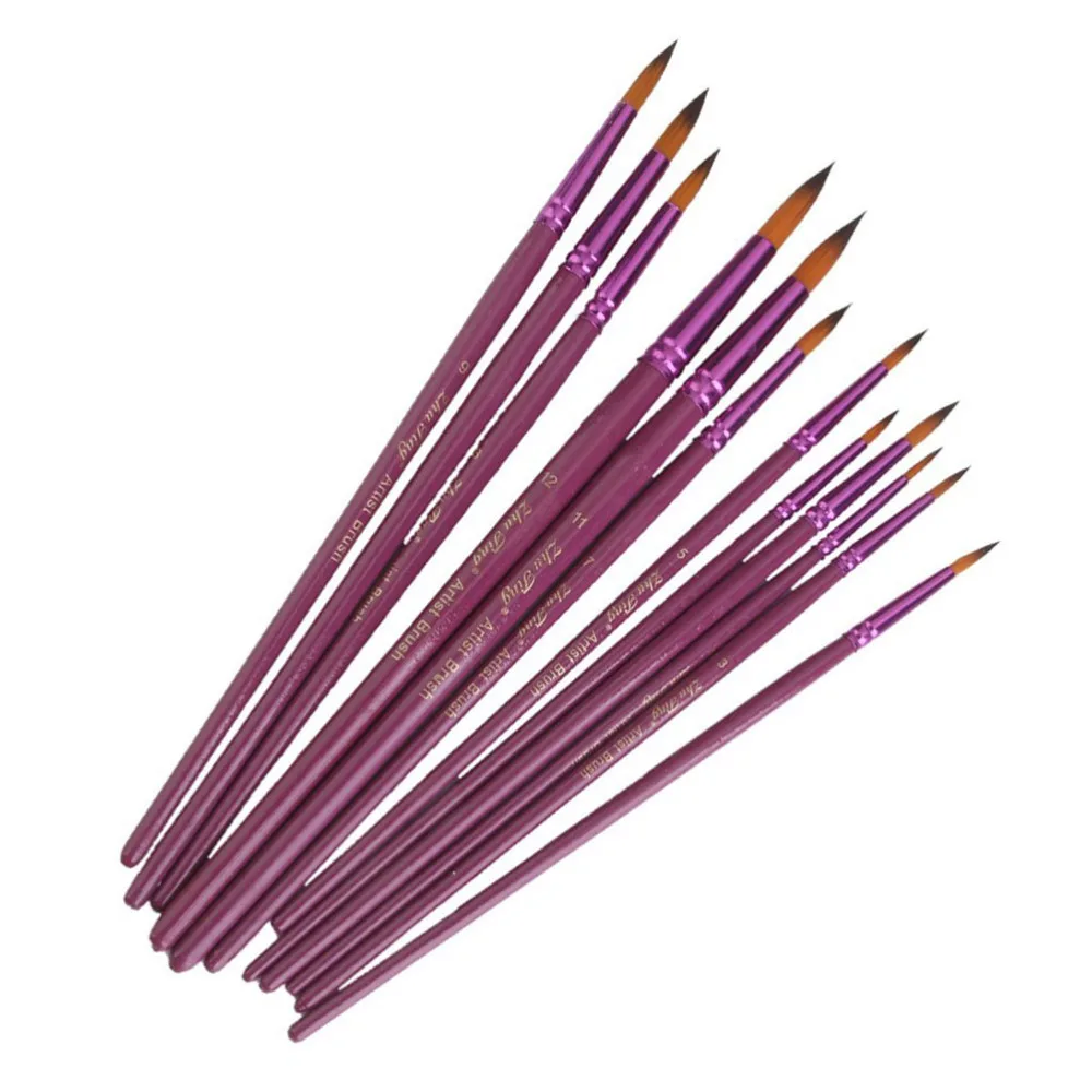 

12 Pcs Round Pointed Tip Nylon Hair Brush Set (Purple)