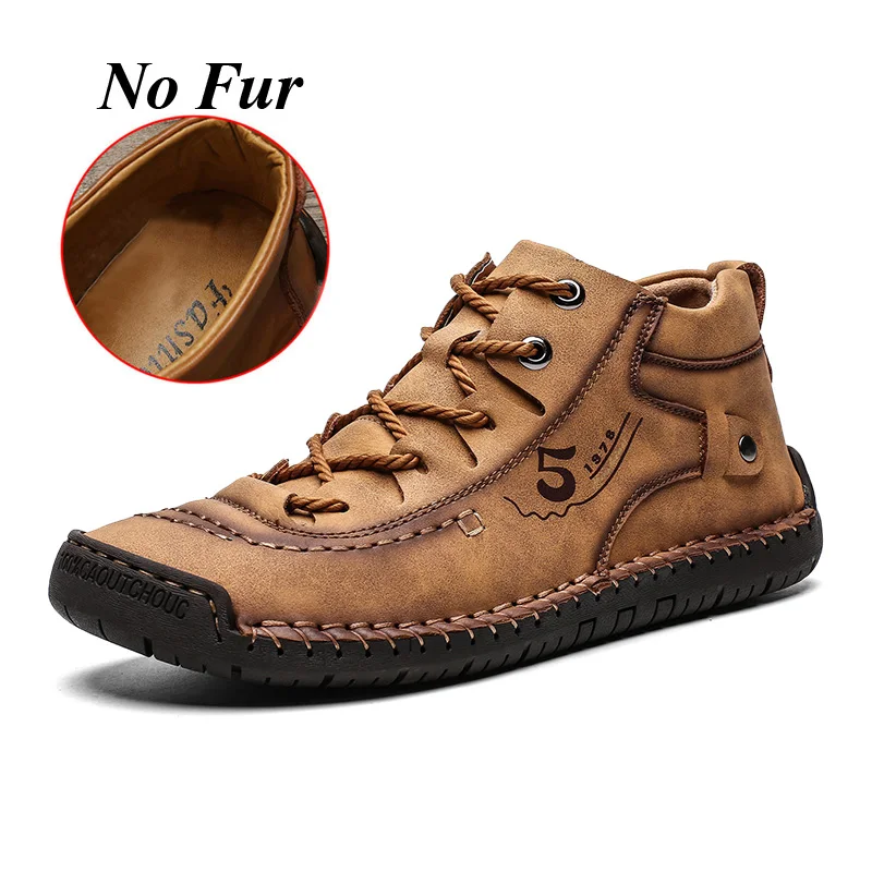 no fur brown Модные мужские кожаные ботинки; мужские теплые зимние ботинки на меху; зимняя обувь; удобные мужские теплые ботинки из спилка высокого качества; 48 - Цвет: no fur brown