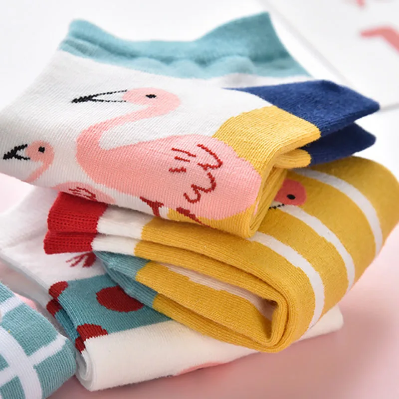 

Q Flamingos Pattern Low-Cut for Women Ankle Socks Mix Color 5Pairs Cotton High Elasticity Breathable Cute Cartoon