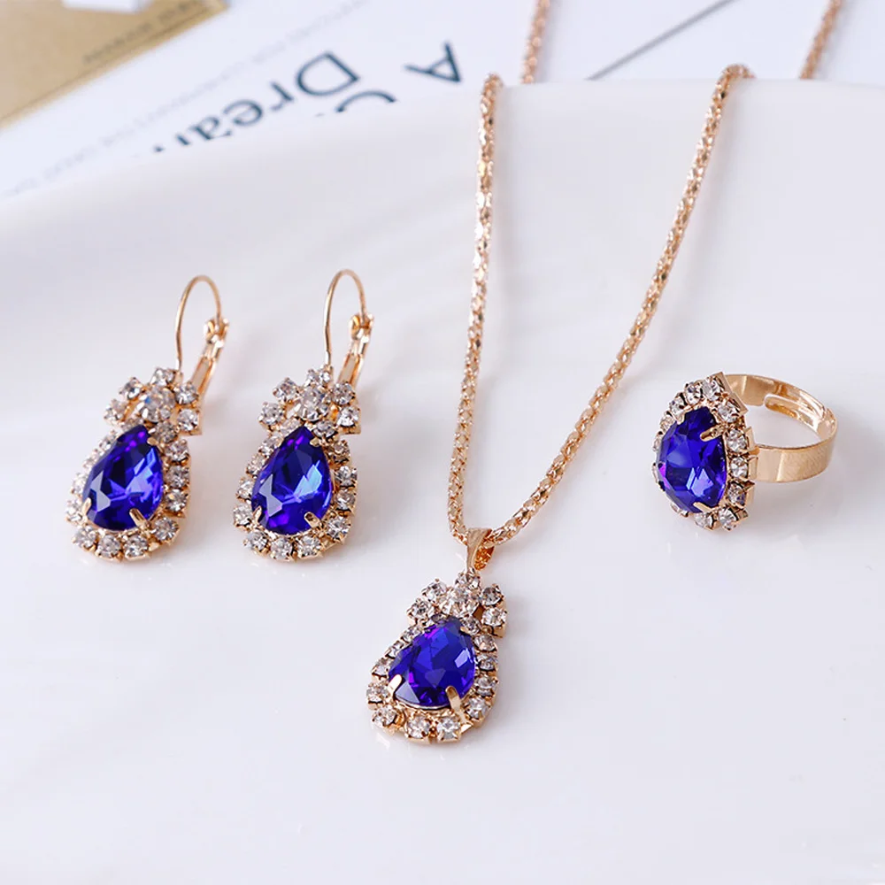 Luxury Water Drop Rhinestone Necklace Earrings Ring Set Shiny Fashion Elegant Women Bridal Jewelry Sets