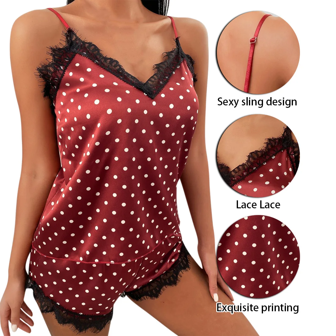 

Lace Pijama Dots Print Women's Pajama Sets V-Neck Stretch Satin Sexy Lingerie Sleepwear Pajamas Home Wear Nightwear Clothing