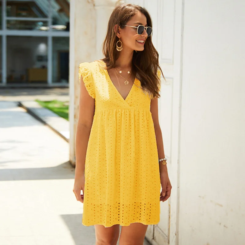 

2021 Casual V Neck Solid Cotton Dress Butterfly Short Sleeve Loose Lace Dress Summer Lady Elegant Mini Dresses Vestidos Mujer