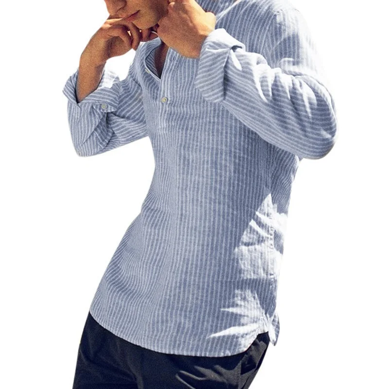 2021 New Cotton Long Sleeve Mens Shirts Spring Autumn Striped Slim Fit Stand Collar Shirt Male Clothes Plus Size 5XL