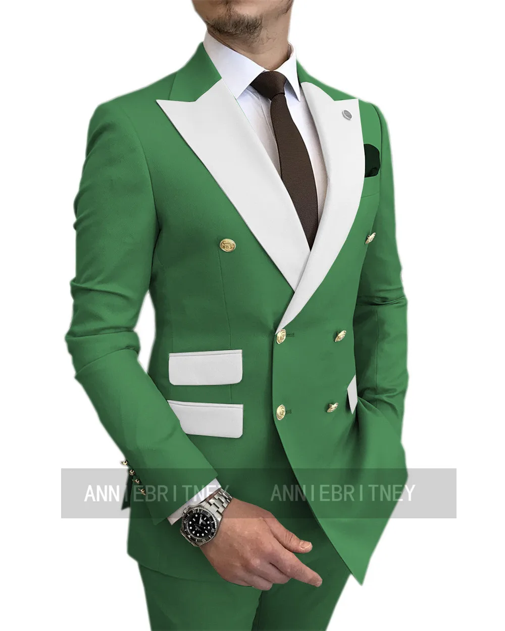 

Double Breasted Prom Wedding Groom Suit Set Tailored Men Jacket Pants 2 Pieces Tuxedo Slim Fit Prom Green Male Marriage Suits