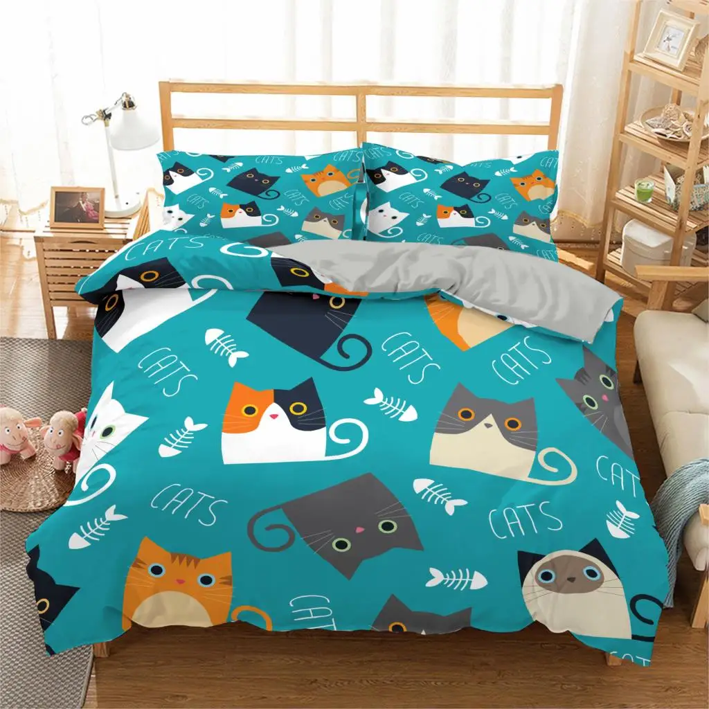 

3D Printed Cartoon Kawaii Cats Print Bedding Set Queen King Single Size Cute Animal Duvet Cover Bedclothes 2/3pcs Home Luxury