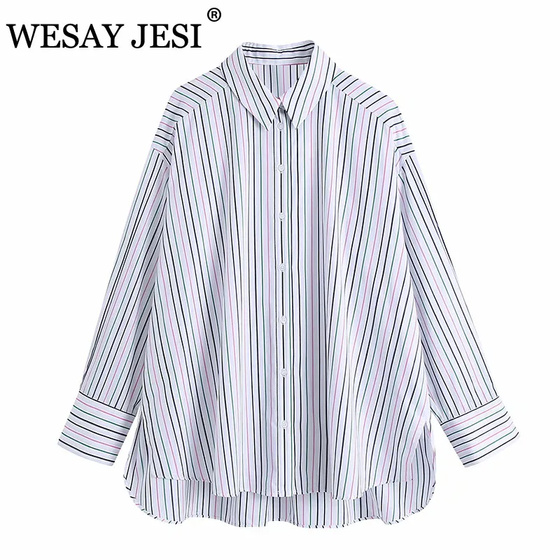

WESAY JESI Spring Women's Blouses Large Sizes Long Sleeve Tshirts Colored Pinstripe Turn-Down Collar Oversized Button Up Shirts