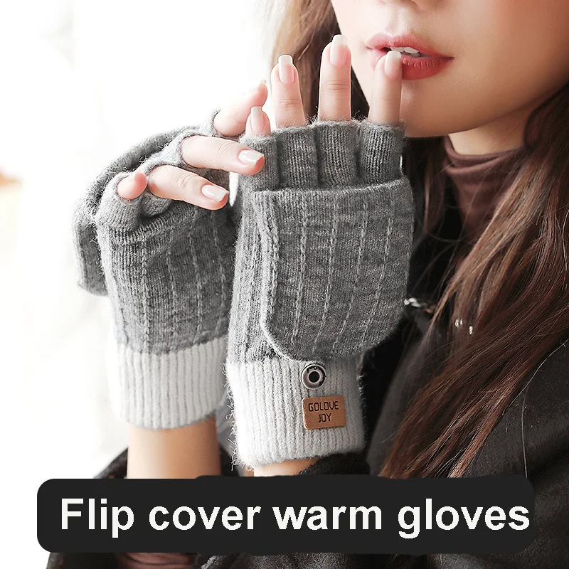 2022 New Winter Gloves For Women Half Finger Cashmere Warm Windproof Knitted Glove Office Writing Outdoor Flip Girls Cold Mitten