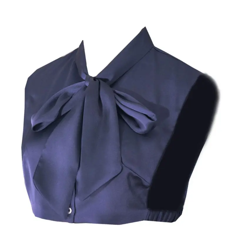 

Womens Lady Imitation Silk Solid Color Half-Shirt Blouse Adjusable Long Ribbon Bowknot Tie Detachable Button Down False Collar