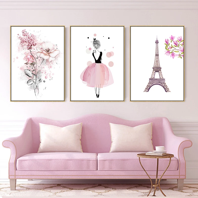 Акварель розовый мультфильм девушка скандинавские плакаты и печать стены