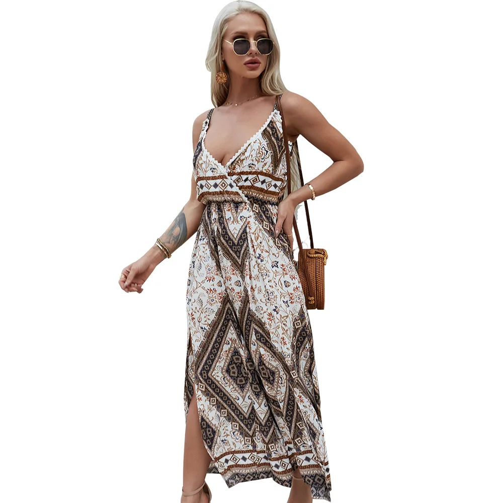 

Bohemian Loose Straped Summer Vacation Women Jumpsuit Casual Flower Print Splited Sleeveless V Neck Female Jumpsuit New 2021