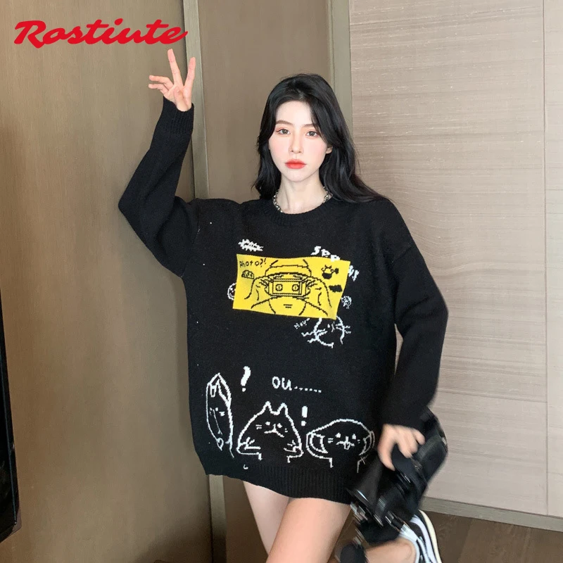 

Rostiute women's streetwear graffiti Japanese black sweater women's loose knit sweater top large size 2021autumn winter clothing