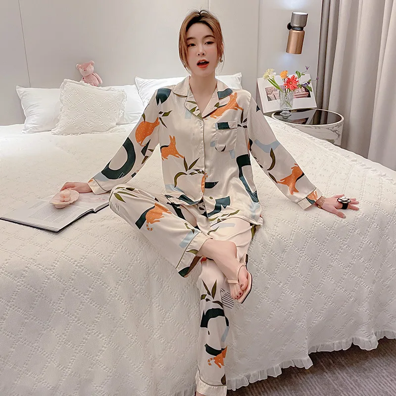 2021 New Pajamas Women's Spring Autumn Ice Silk Long Sleeve Two Piece Thin Sexy Loose Silk Like Home Clothes Pajamas for Women