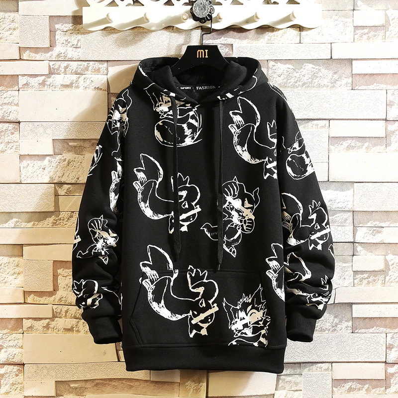 

Japan Style Casual Spring Autumn 2021 New Print Black Hoodie Sweatshirt Men'S Thick Fleece Style Hip Hop High Streetwear
