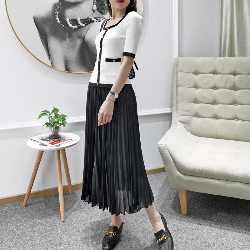 

Summer Fashion 2 Piece Women Skirt Suit 2021 New Elegant Puff Sleeve Knitted Top and Midi Skirt Sets Office Casual Outfit