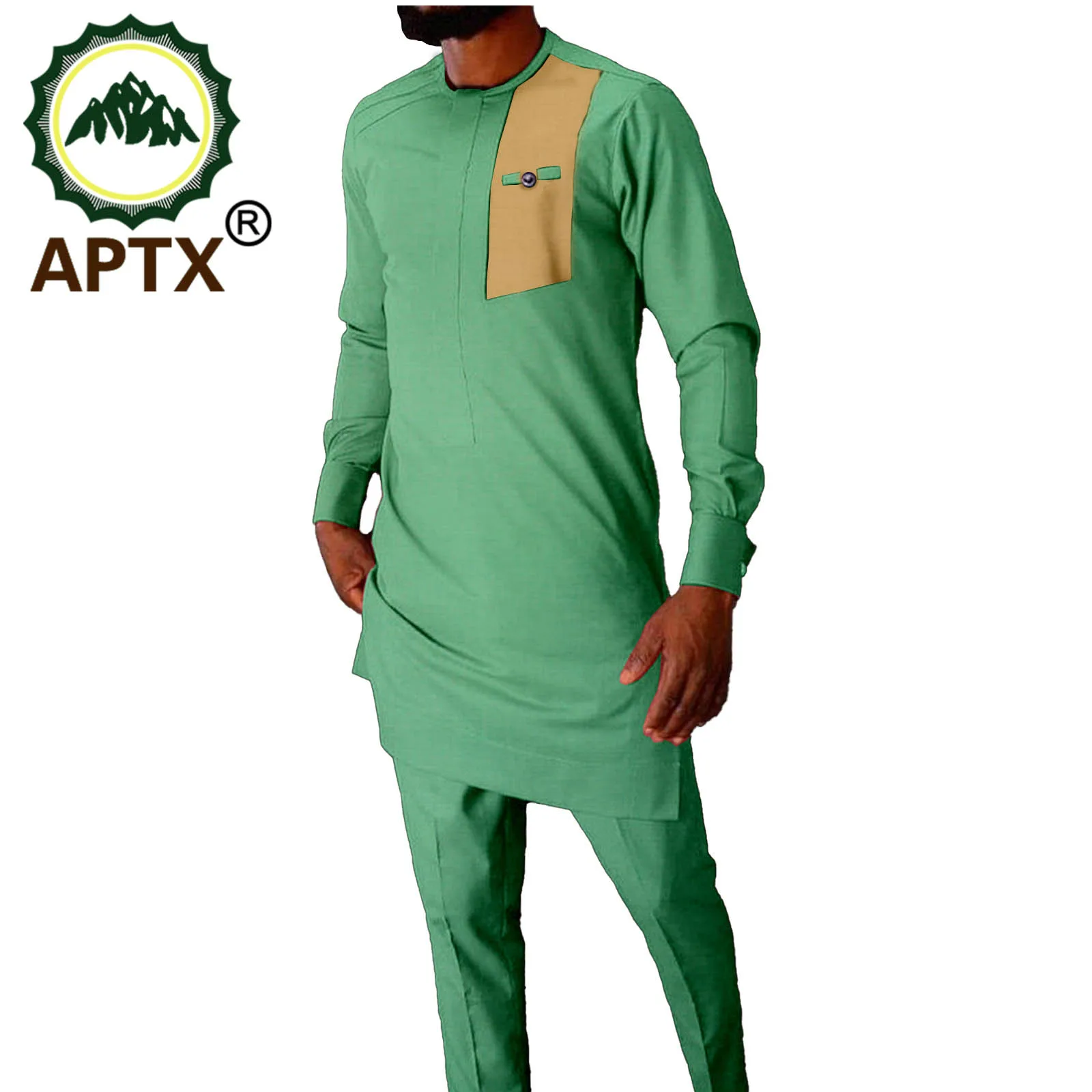 African Clothes For Men Rich Bazin Bicolor Style Splicing Crew Neck Robe Long Sleeve Traditional Top And Pants Contracted Set