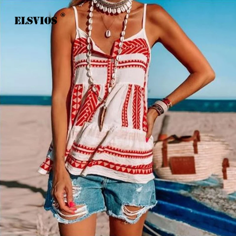 

Plus Size Women Summer Casual beach vest Sexy V-neck Spaghetti Strap Backless Top Ladies Chiffon Loose striped Printed Vest Tops