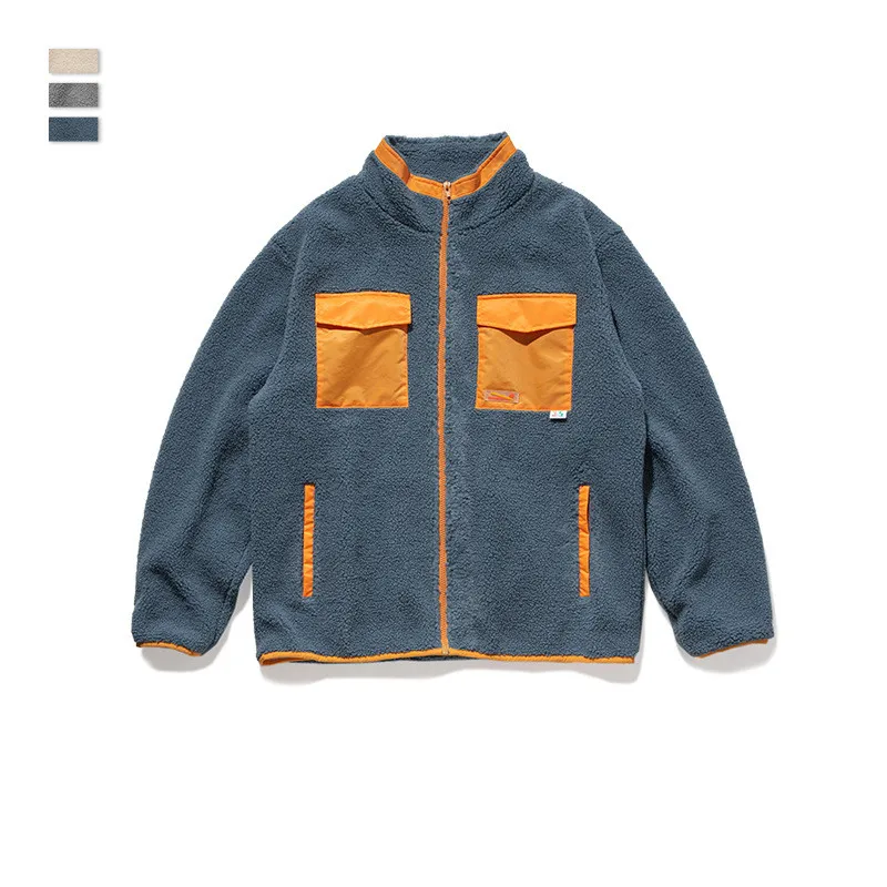 

Men Jacket 2020 Autumn And Winter New Personality Contrast Color Windbreaker Pocket Stand Collar Lamb Velvet Zipper Jacket Men