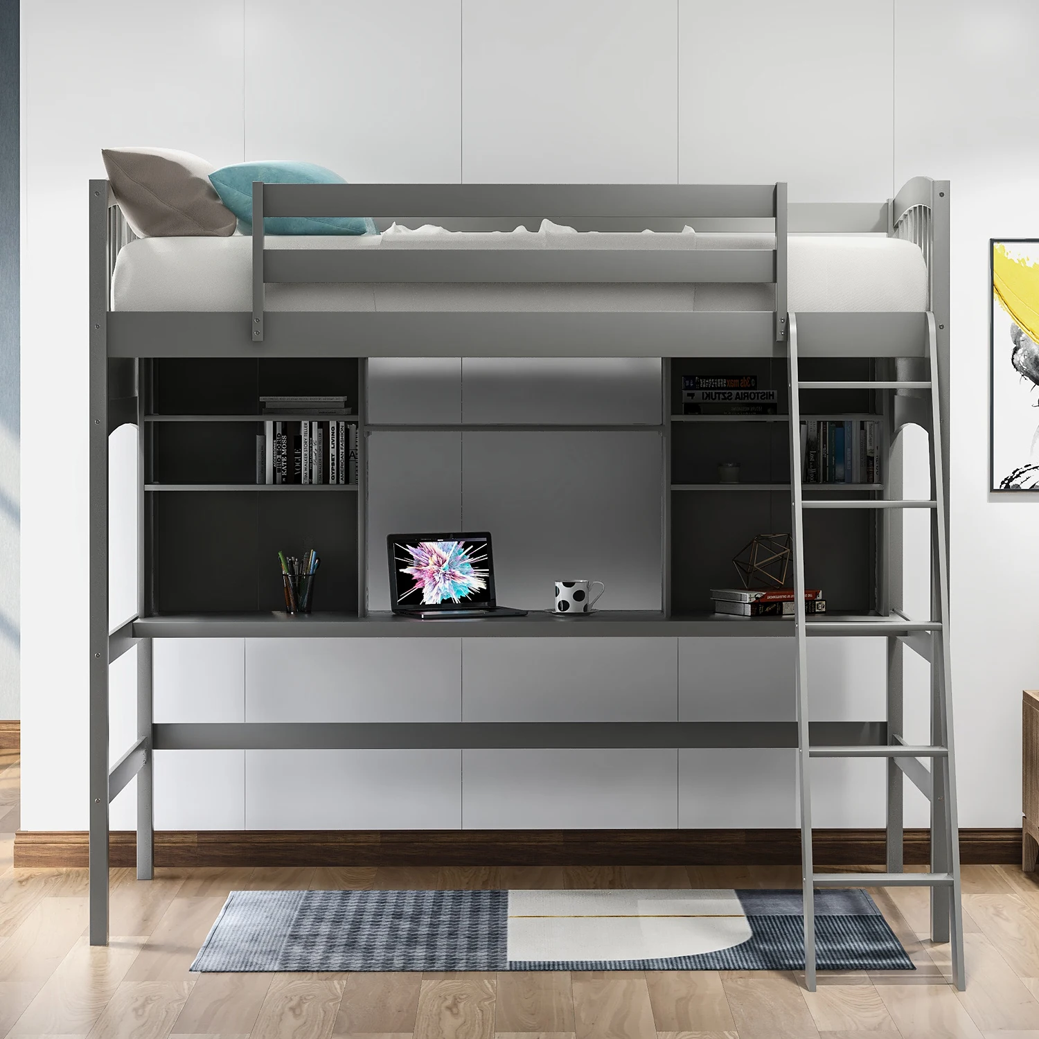 

"Twin size Loft Bed with Storage Shelves, Desk and Ladder, Gray