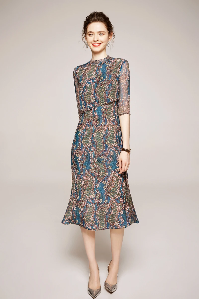 Женские модельные платья из 100% шелка модные летние с круглым вырезом и рукавом 3/4