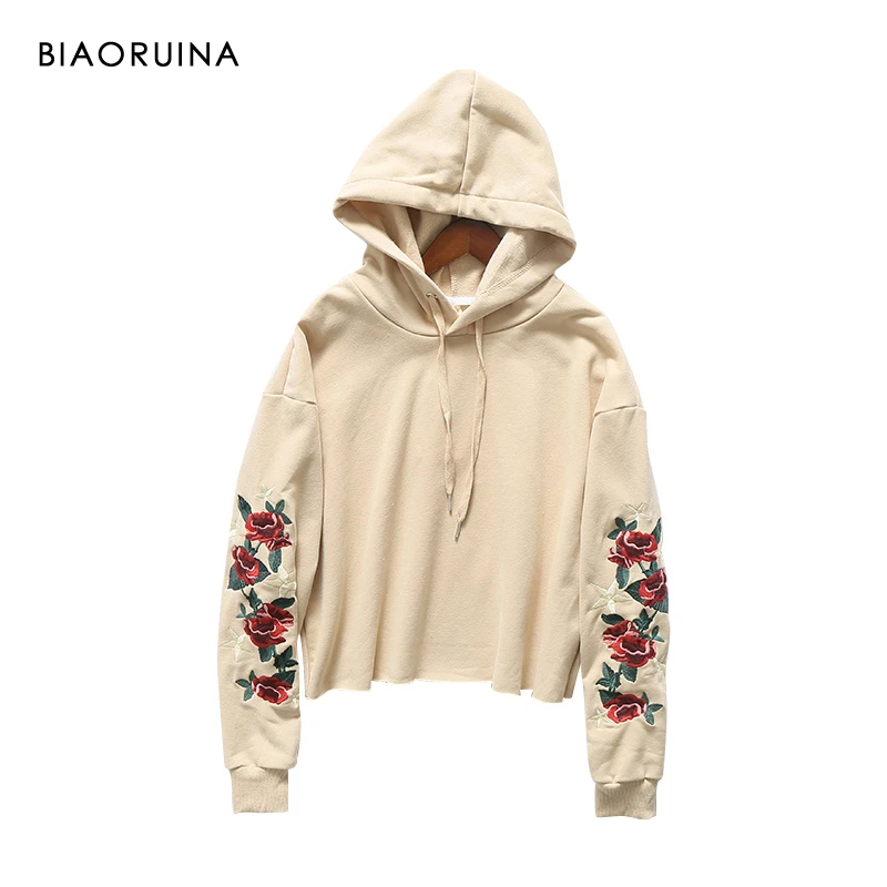 Женская хлопковая толстовка BIAORUINA с цветочной вышивкой и капюшоном