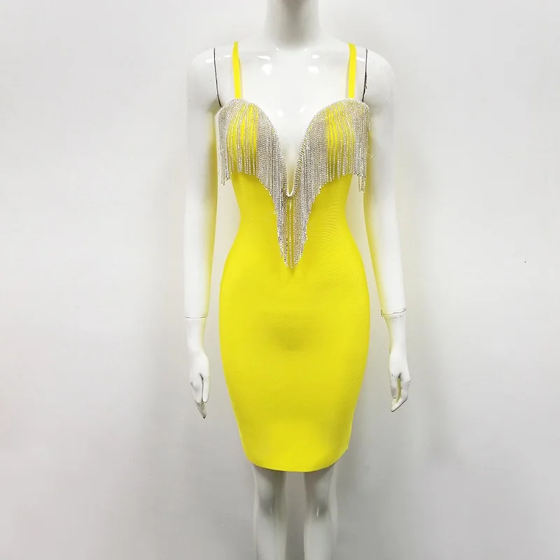 2019 Bandage Dress Fashion Luxury Diamond Tassel Sexy V-Neck Spaghetti Strap Bodycon Dresses Women Solid Color Club Vestidos | Женская