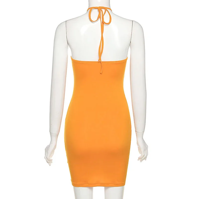 

Sexy Backless Halter Mini Dress 2021 Summer Clothes for Women Yellow Blue Bodycon Dress Club Night Out Outfits