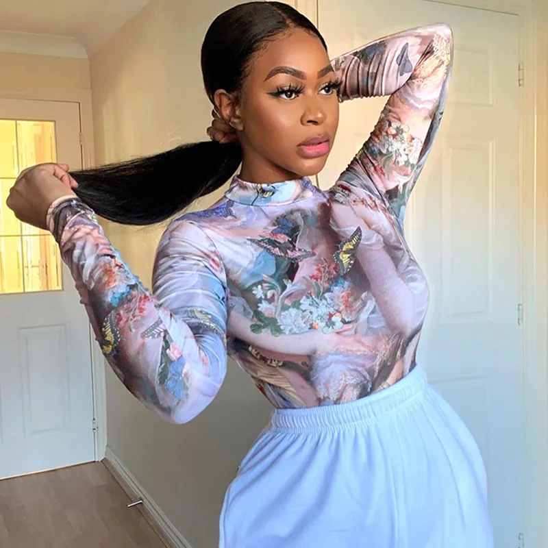 Женский пикантный комбинезон с длинным рукавом черный тонкий круглым вырезом и