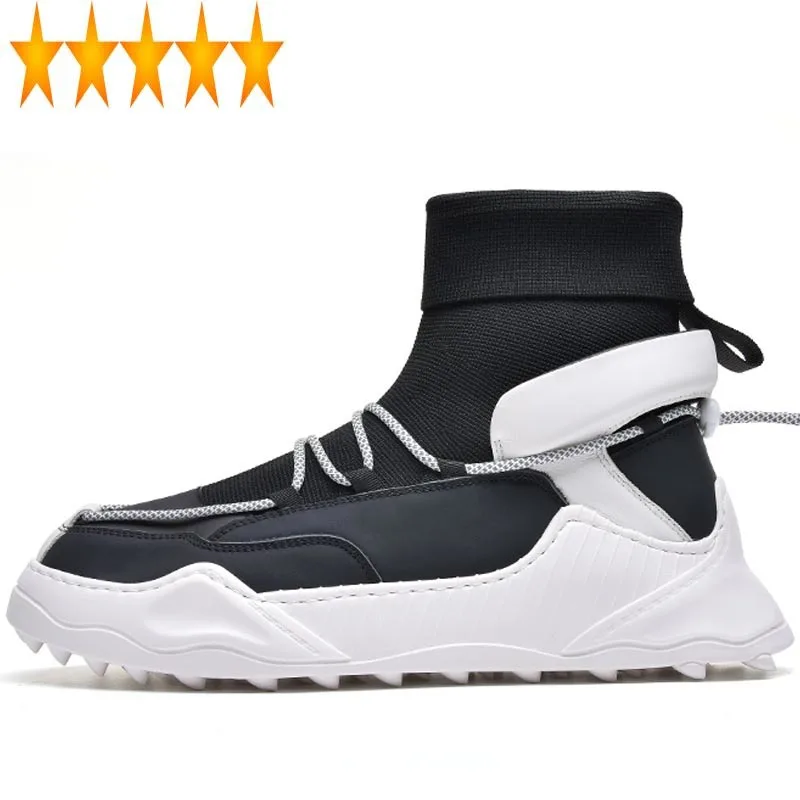 

Mens Stretch Socks Spring Autumn Casual High Top Shoes Mixed Colors Round Toe Lace Up Male Thick Bottom Sneakers