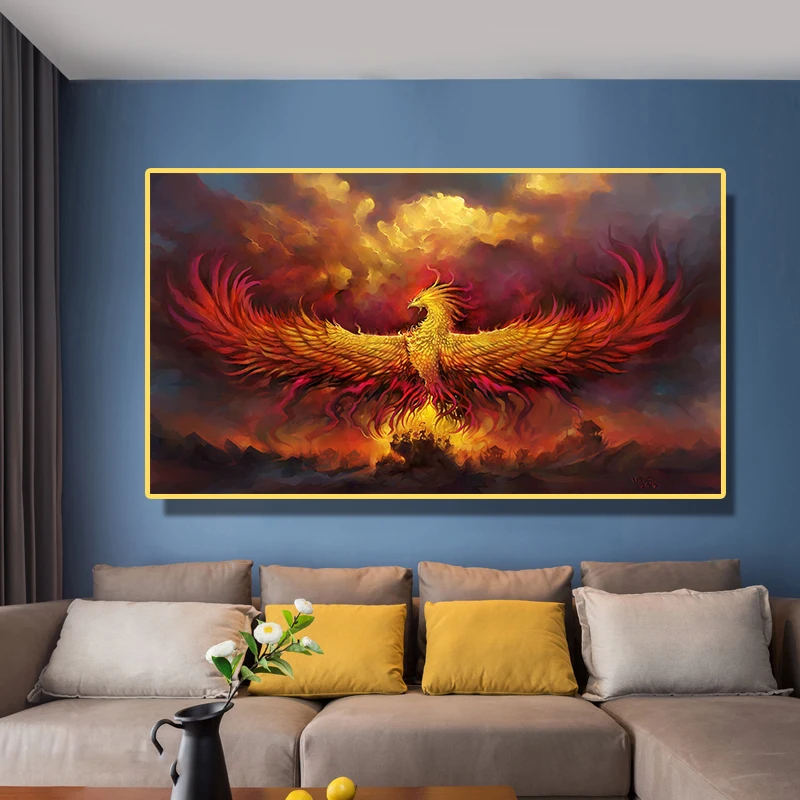 Картина на холсте настенная живопись золотой пламенный Феникс рисунок