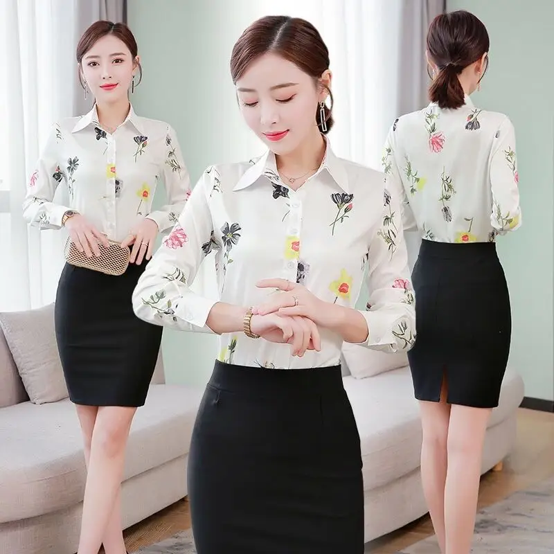 

2021 Ladies Blouse Long Sleeve Korean Spring Autumn Lapel Printed Shirt SlimmingStraight Bottoming Shirt Oversize Female