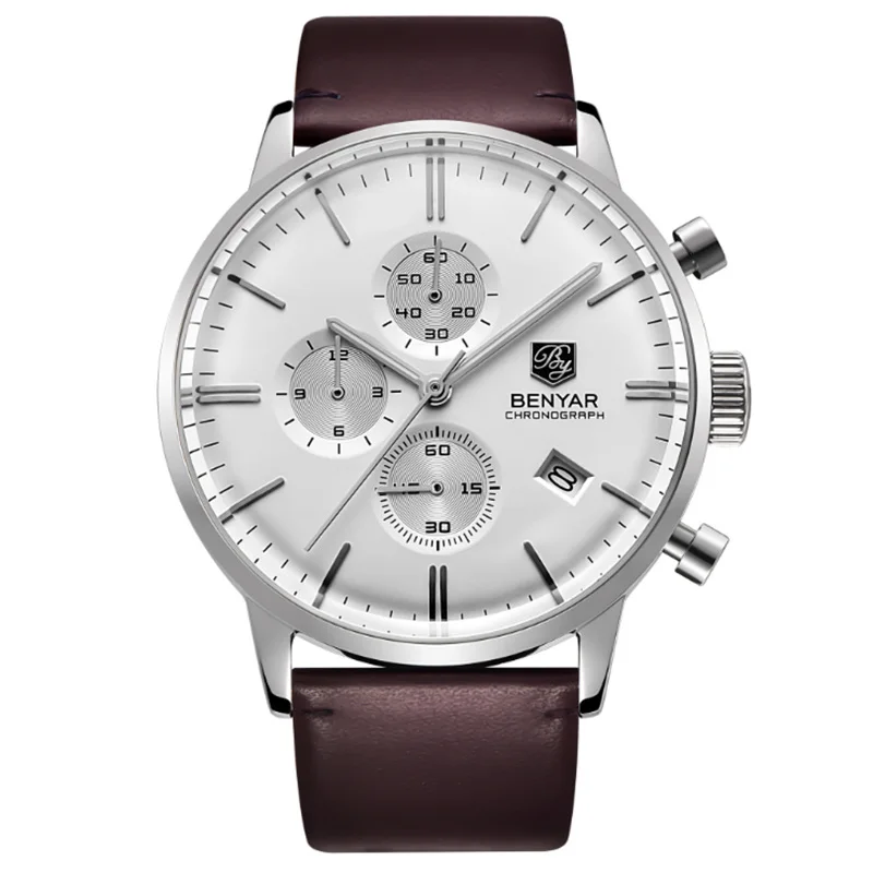 New Fashion Brand Watch For Man White Dial 6 Hands Chronograph Quartz Mens Watch leather Strap Casual Male Clock A490