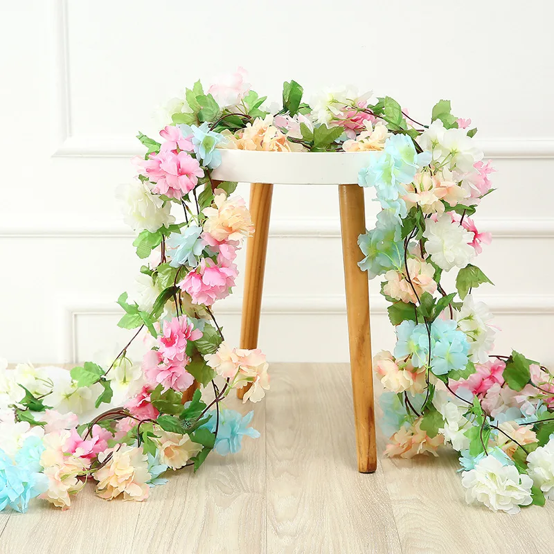 

High Quality Artificial Flowers Single Strip 2.2m Cherry Cane Home Decoration Balcony Hanging Vines Wedding Arch Winding Ceiling