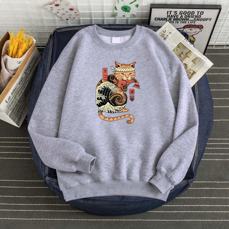 

Толстовка мужская с капюшоном и принтом кошки ешью рыбы, в японском стиле