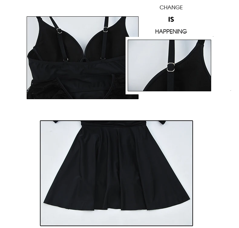 L-5XL купальный костюм для женщин пуш-ап черный сетчатый купальный костюм с коротким рукавом дамское купальное платье цельная юбка купальный костюм плюс размер