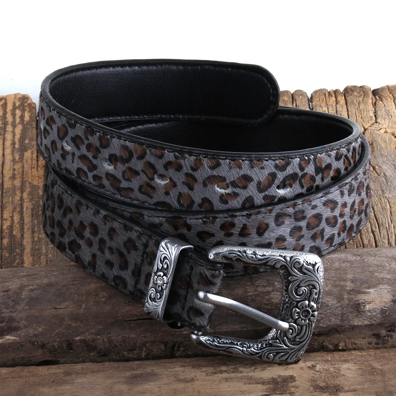 RH Fashion 2.8cm Leopard Spotted Horsehair Leather Belt  Antique Sil Pin Buckle Woman Cowskin Leopard Belts Women Accessory Gift
