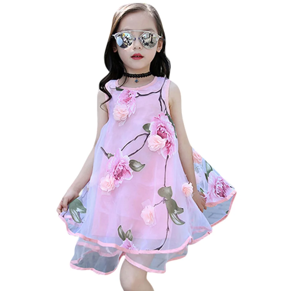 Flower Dress For Girls Summer Mesh Dresses Princess Elegant Sleeveless Kids Teen Clothing 4 6 8 14 Years | Детская одежда и обувь