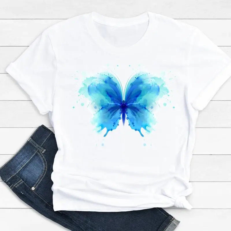 

Summer Print Fashion Short Sleeve Tshirt Female Tee Top Graphic T-shirts Women Clothes Cartoon Clothing Style Butterfly Beach