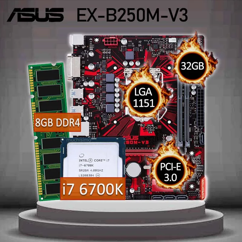 

LGA 1151 Asus EX-B250M-V3 With Intel Core i7 6700K CPU + 8GB DDR4 Gaming Motherboard Combo i7 Intel B250 Gaming Placa-mãe 1151