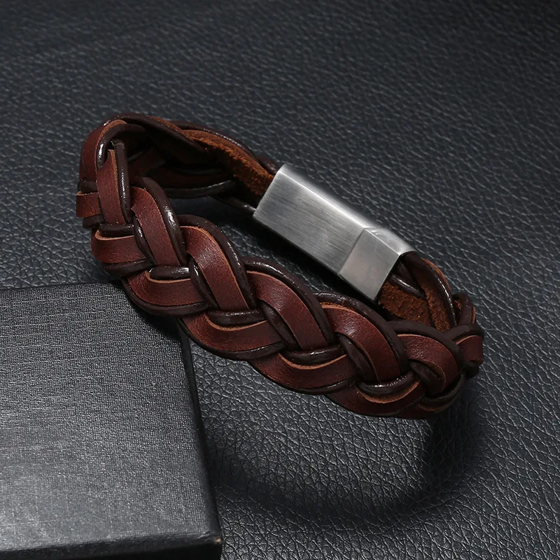 2019 New Design Handmade Braided Genuine Leather Bracelet &amp Bangle for Men Stainless Steel Fashion Bangles Gifts | Украшения и